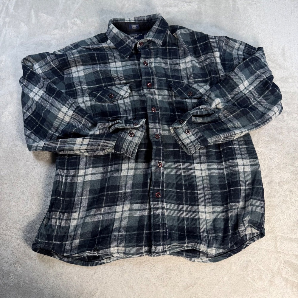 American Eagle Flannel Shirt Plaid Mens L Green Wool Blend Button Down Outdoor
